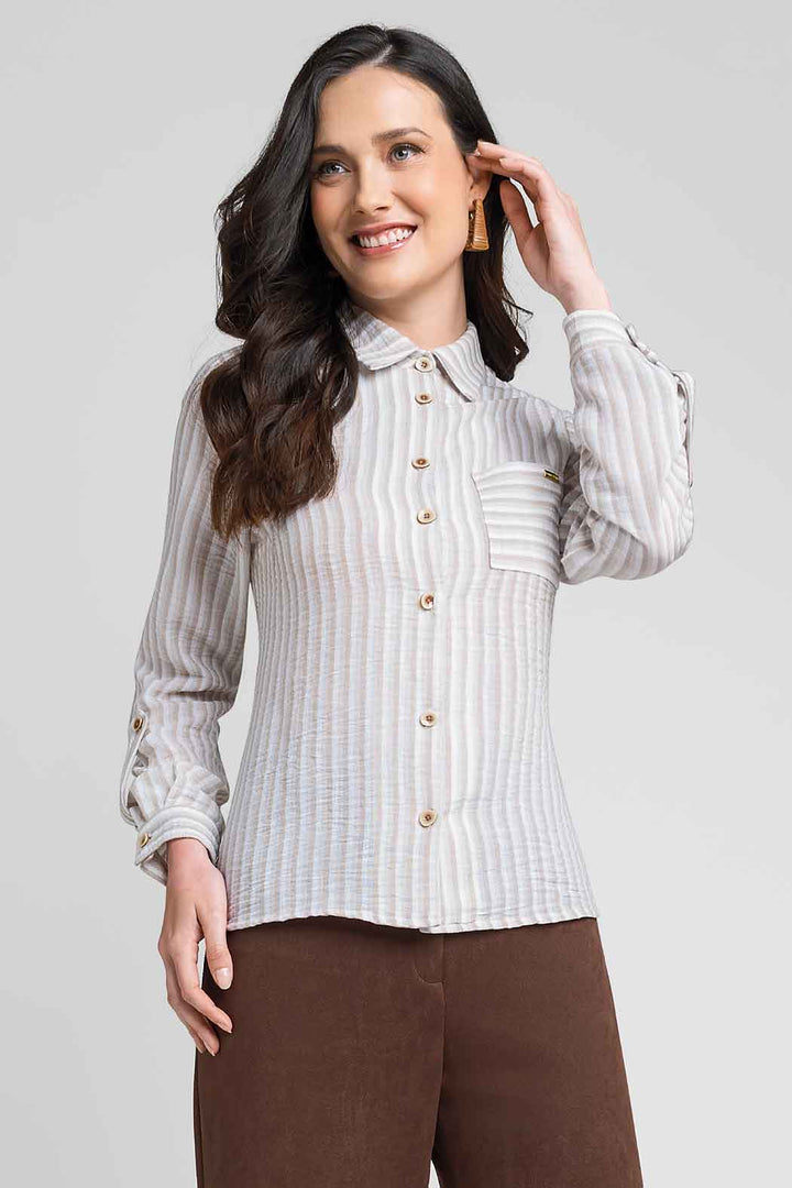 Blusa Camisera Con Rayas Y Elevador En Mangas
