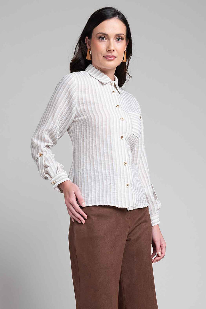 Blusa Camisera Con Rayas Y Elevador En Mangas