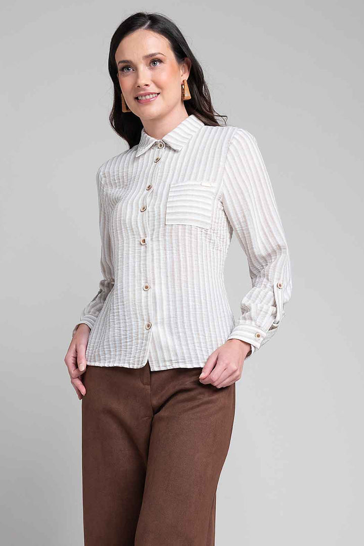 Blusa Camisera Con Rayas Y Elevador En Mangas