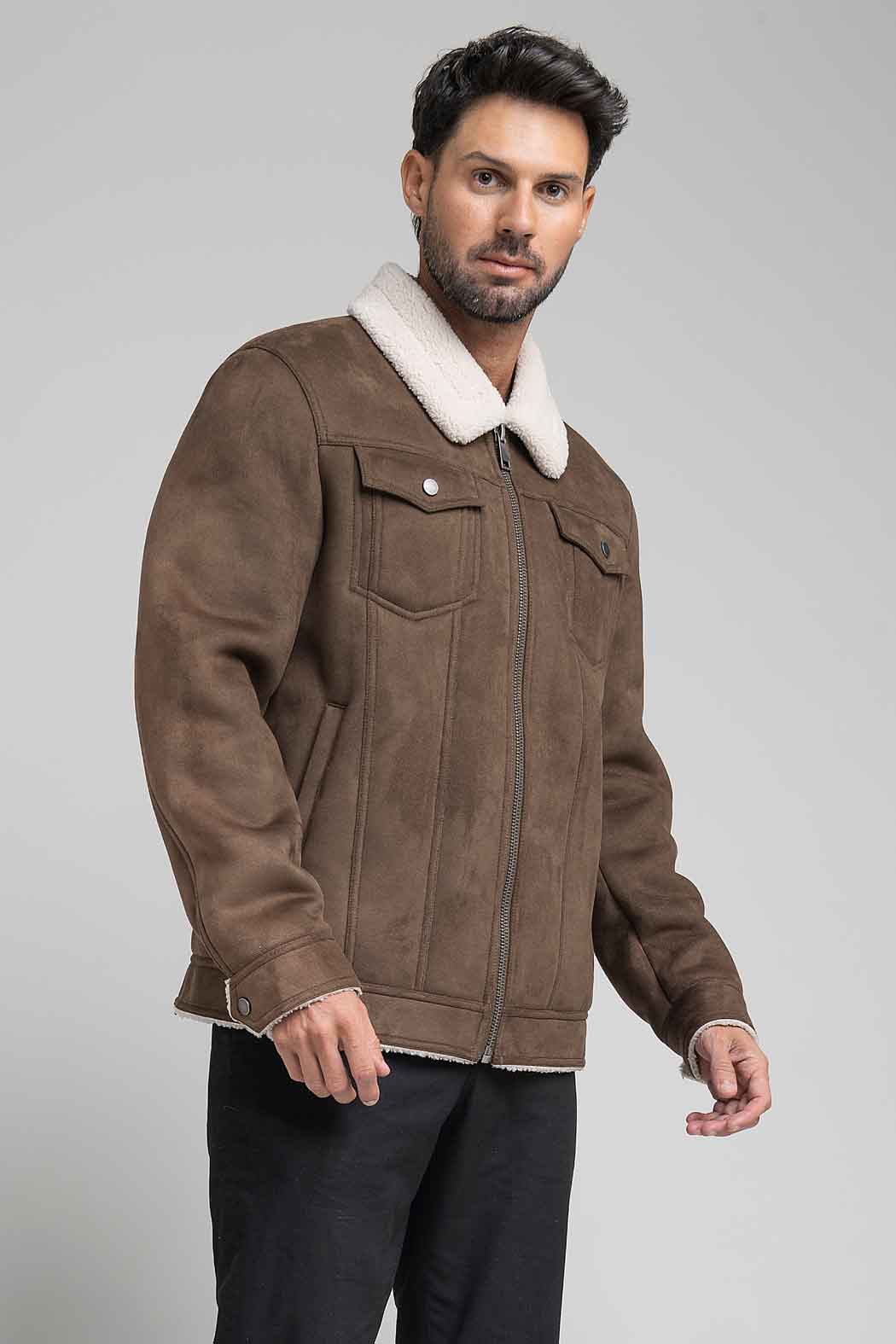 Chamarra De Gamuza Con Cuello De Borrega Para Caballero