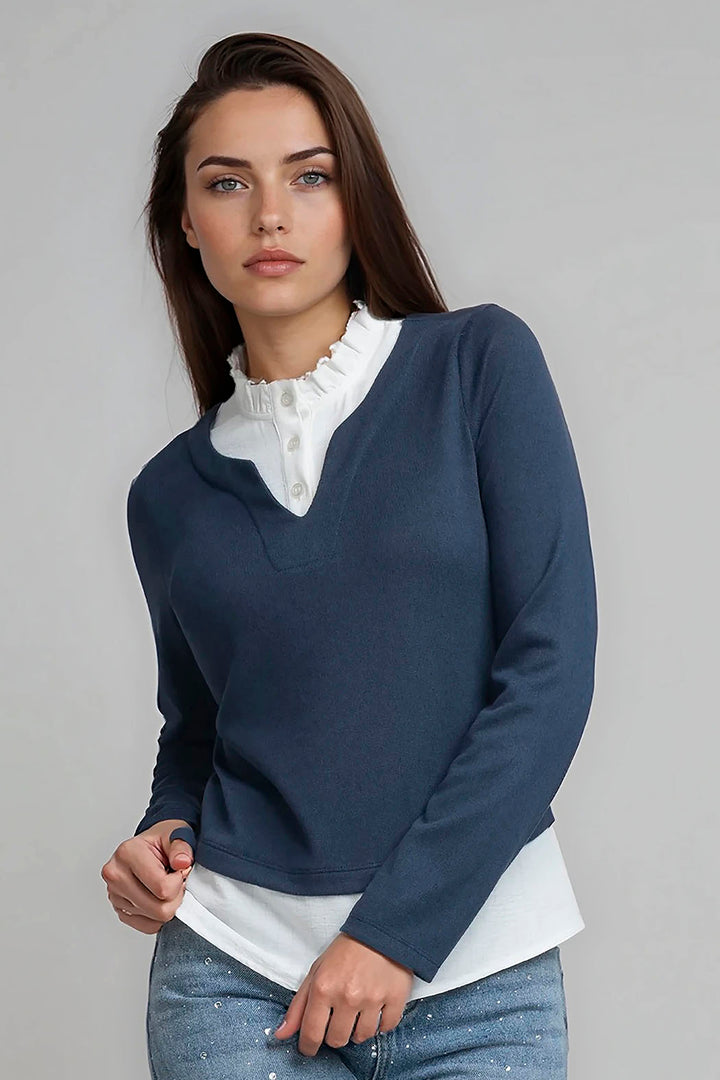 Blusa De Manga Larga Con Cuello Camisero