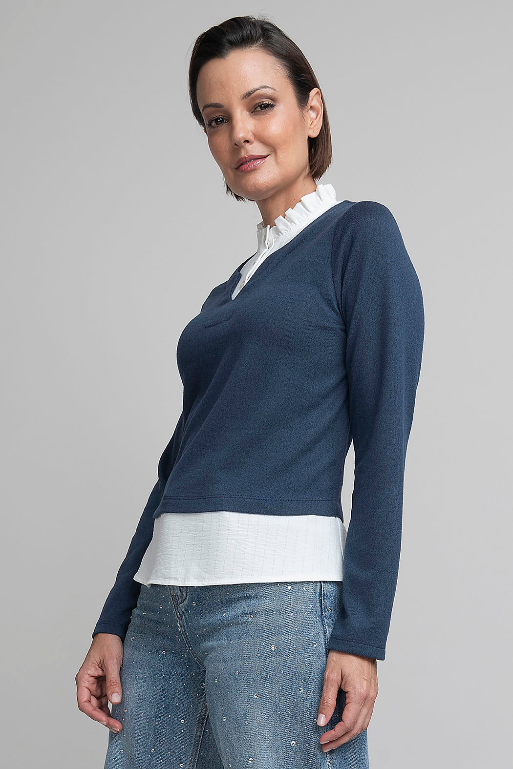 Blusa De Manga Larga Con Cuello Camisero