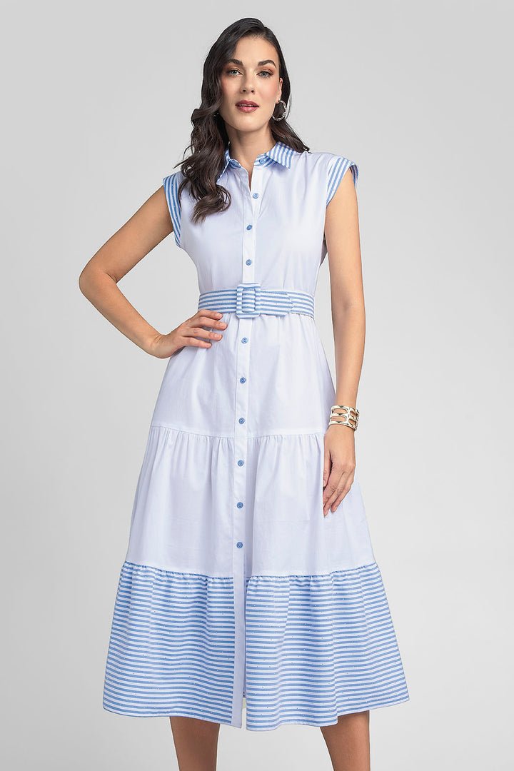 Vestido Largo Camisero Con Cinturon De Rayas Y Brillos