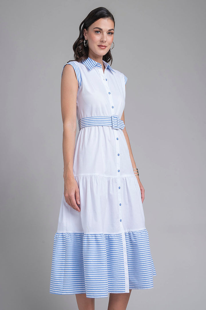 Vestido Largo Camisero Con Cinturon De Rayas Y Brillos