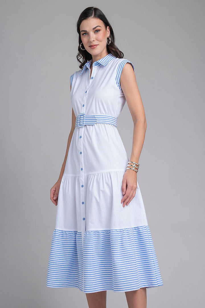 Vestido Largo Camisero Con Cinturon De Rayas Y Brillos