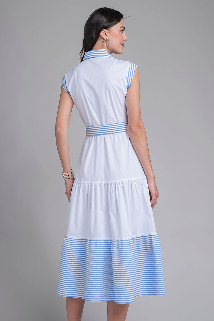 Vestido Largo Camisero Con Cinturon De Rayas Y Brillos