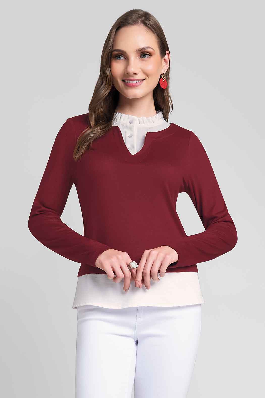 Blusa Estilo 2 En 1 Con Escote En V Y Cuello Mao Plisado