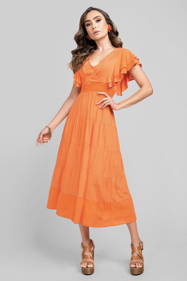 Vestido Largo Con Olanes En Mangas
