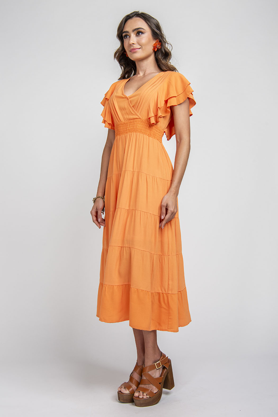 Vestido Largo Con Olanes En Mangas