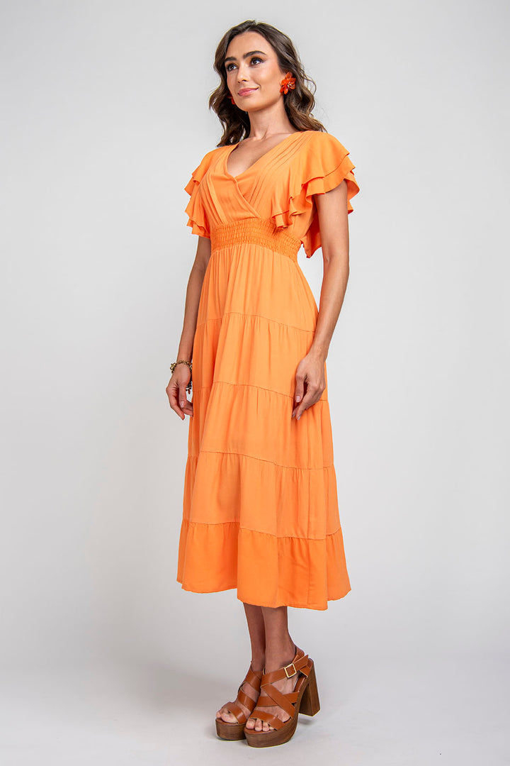 Vestido Largo Con Olanes En Mangas