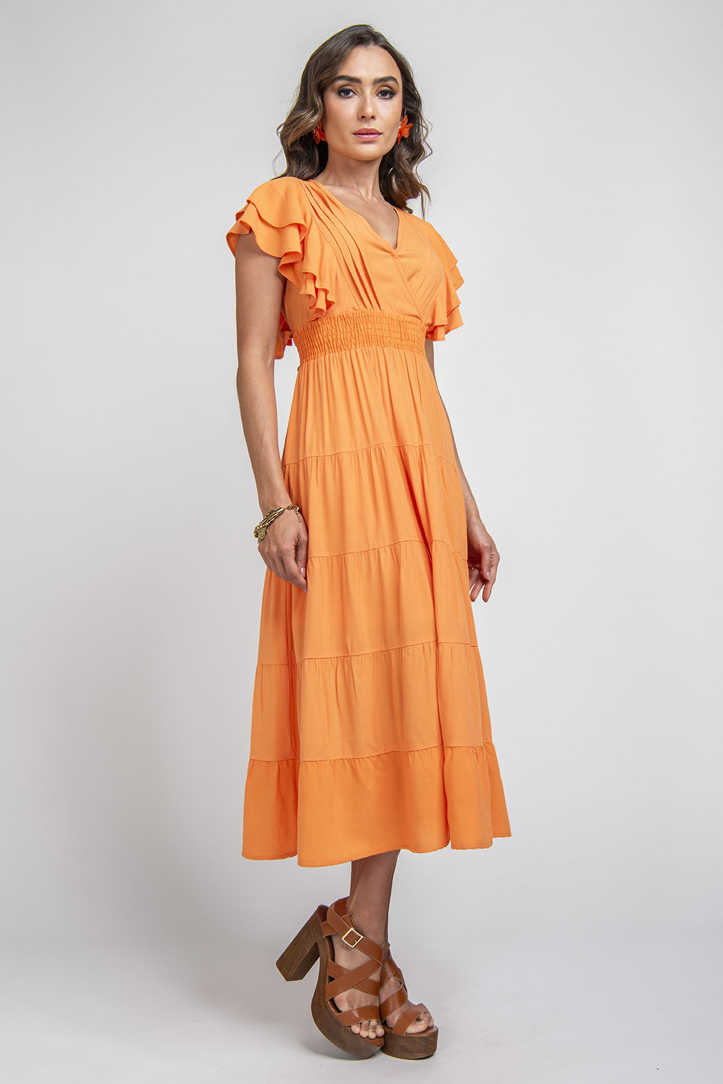Vestido Largo Con Olanes En Mangas