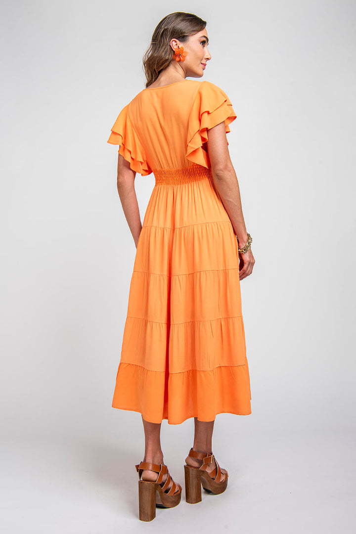 Vestido Largo Con Olanes En Mangas