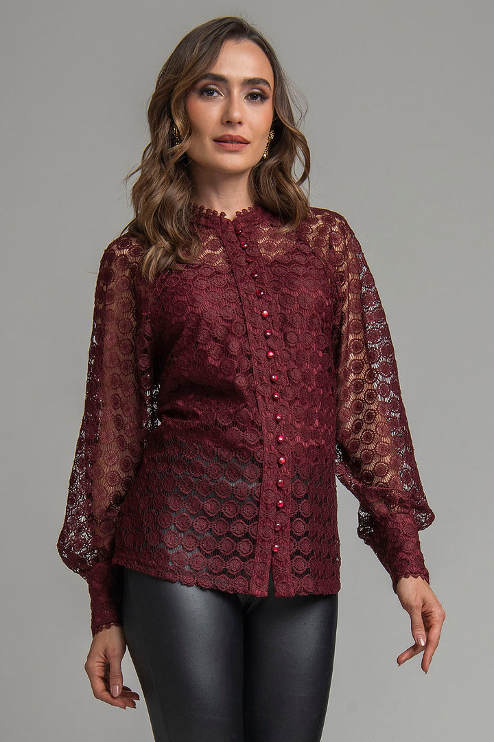 Blusa De Encaje Con Manga Larga
