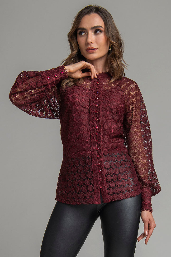Blusa De Encaje Con Manga Larga