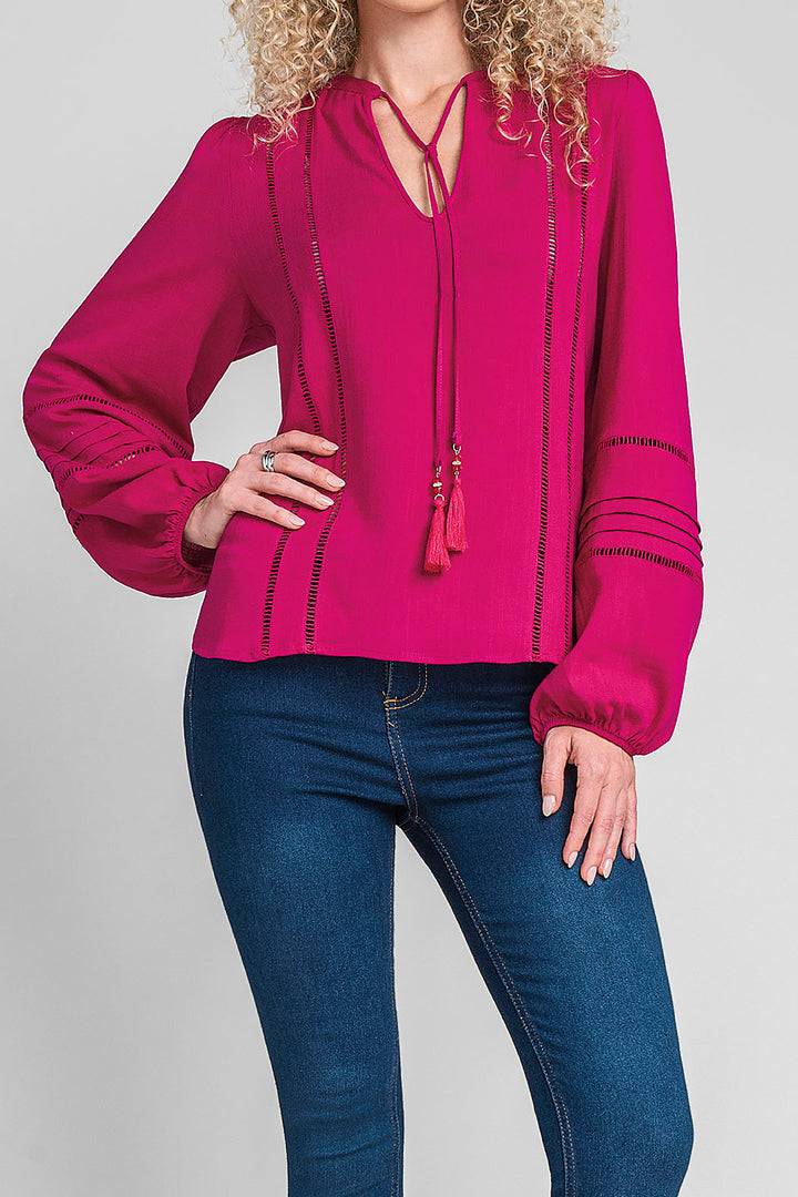 Blusa De Manga Larga Con Detalles De Tiras Caladas