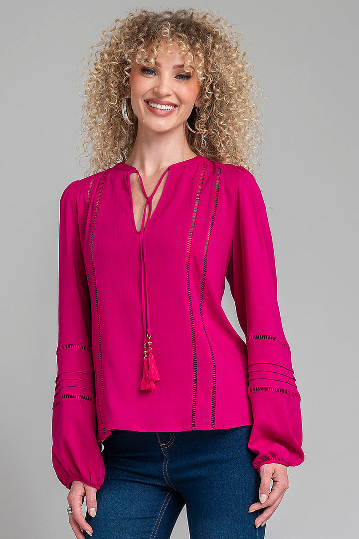 Blusa De Manga Larga Con Detalles De Tiras Caladas