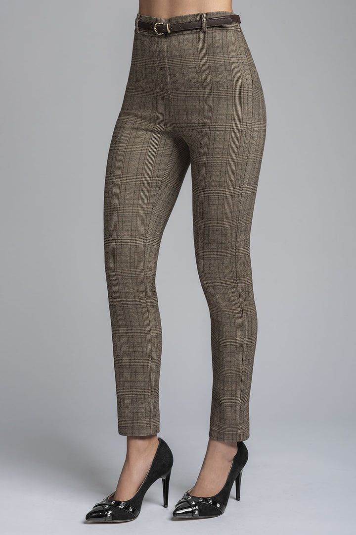 Pantalon Corte Recto De Cuadros Con Cinturon