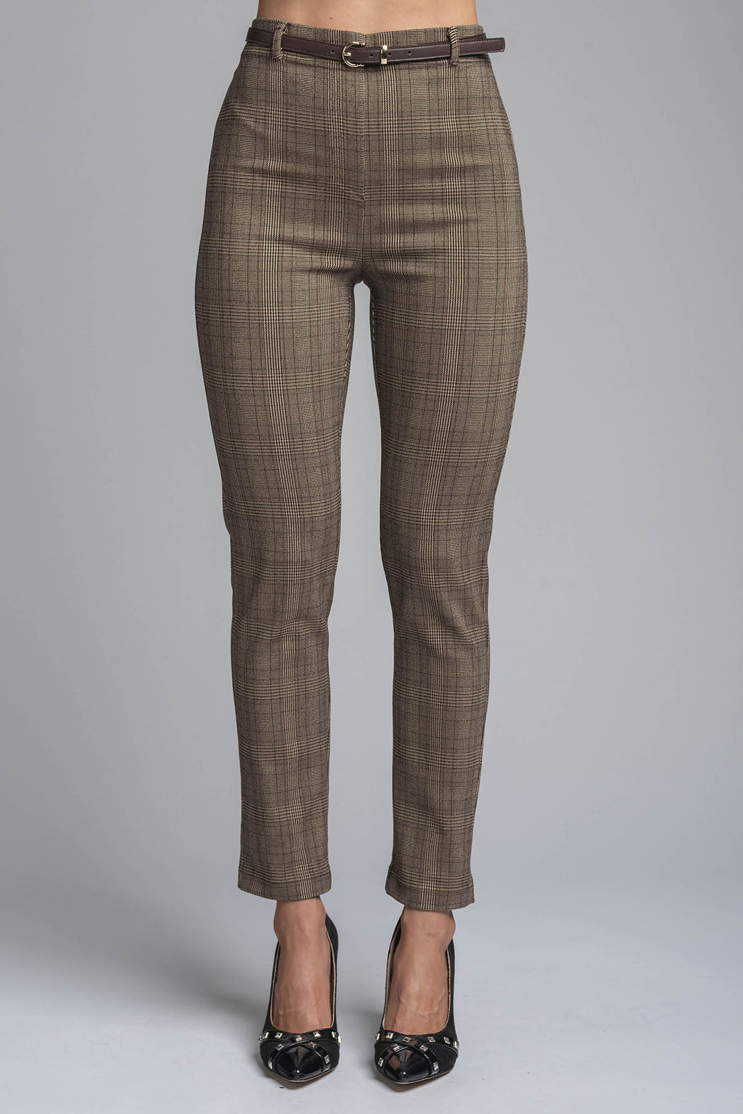 Pantalon Corte Recto De Cuadros Con Cinturon