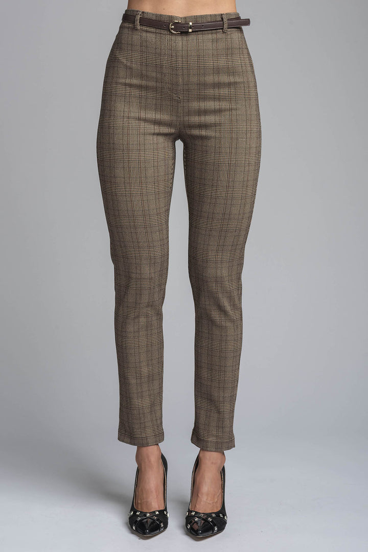 Pantalon Corte Recto De Cuadros Con Cinturon