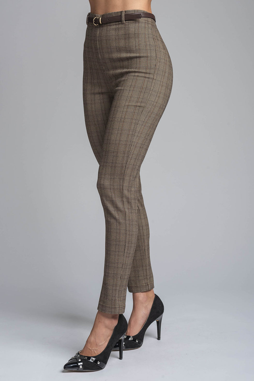 Pantalon Corte Recto De Cuadros Con Cinturon
