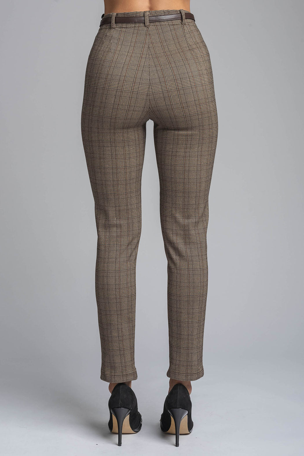 Pantalon Corte Recto De Cuadros Con Cinturon