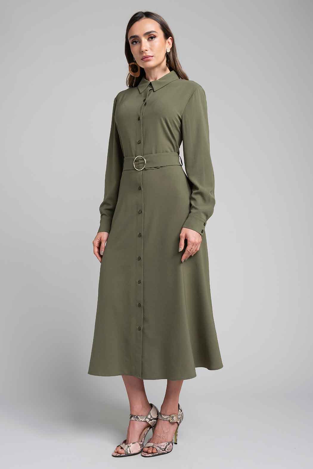 Vestido Camisero Con Manga Larga Y Cinturon