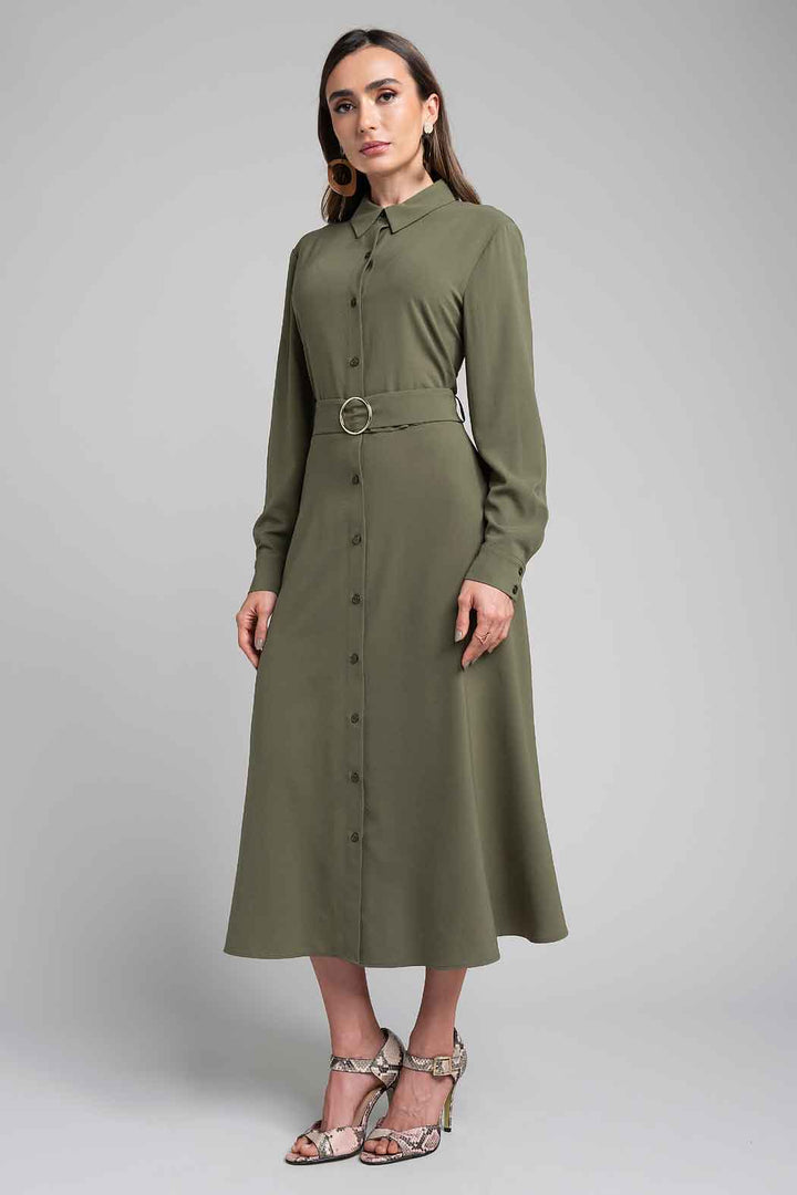 Vestido Camisero Con Manga Larga Y Cinturon