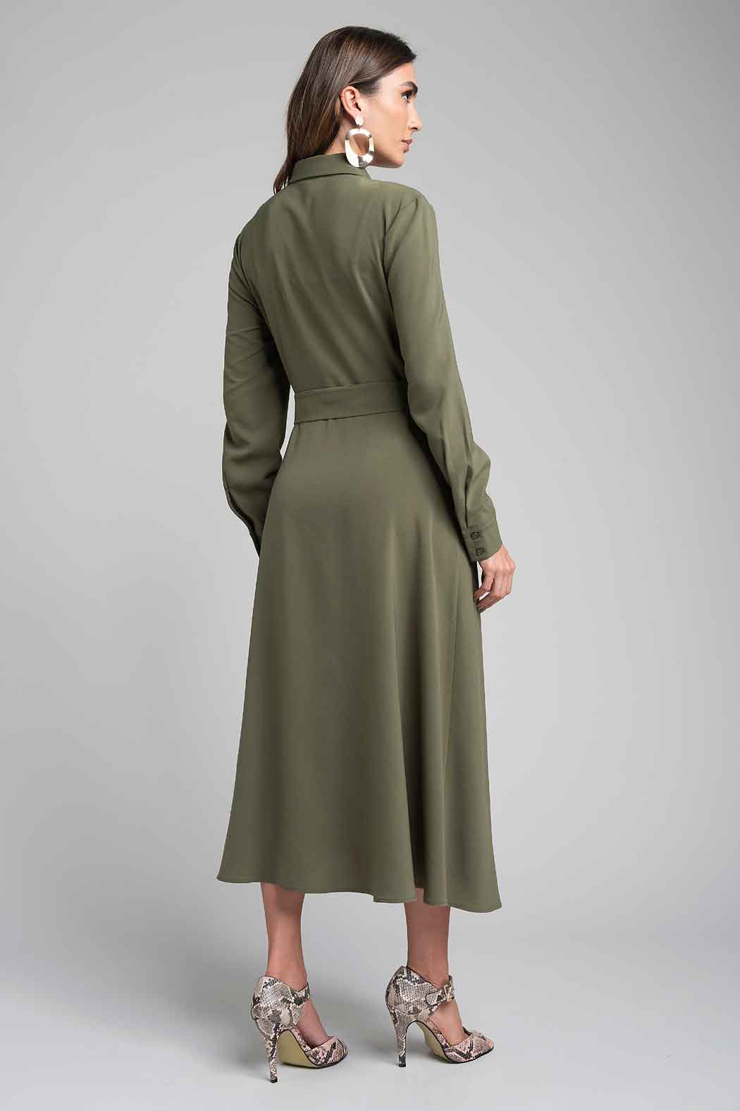 Vestido Camisero Con Manga Larga Y Cinturon