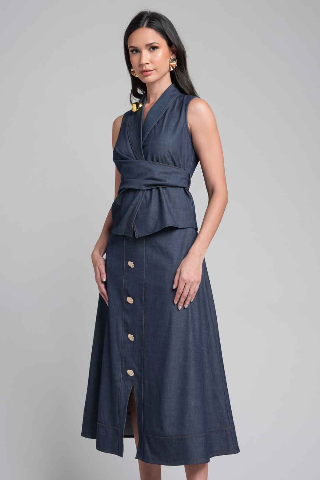 Conjunto De Falda Y Blusa Envolvente De Mezclilla