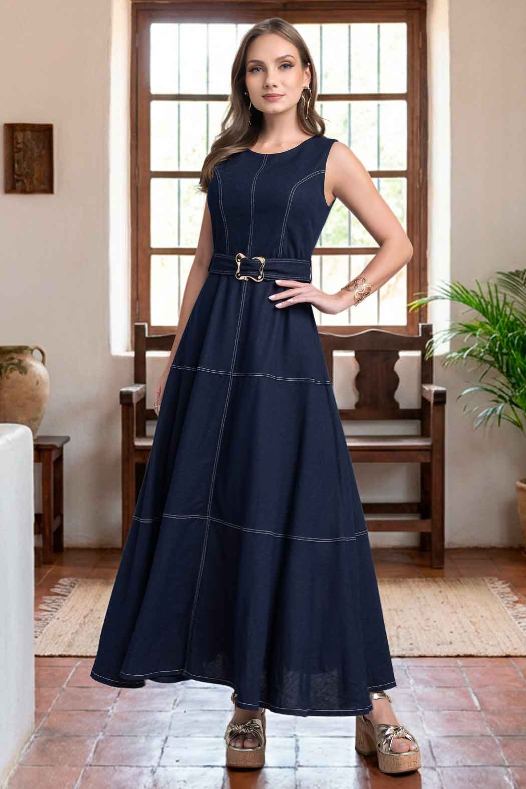 Maxi Vestido Sin Mangas Con Cinturon