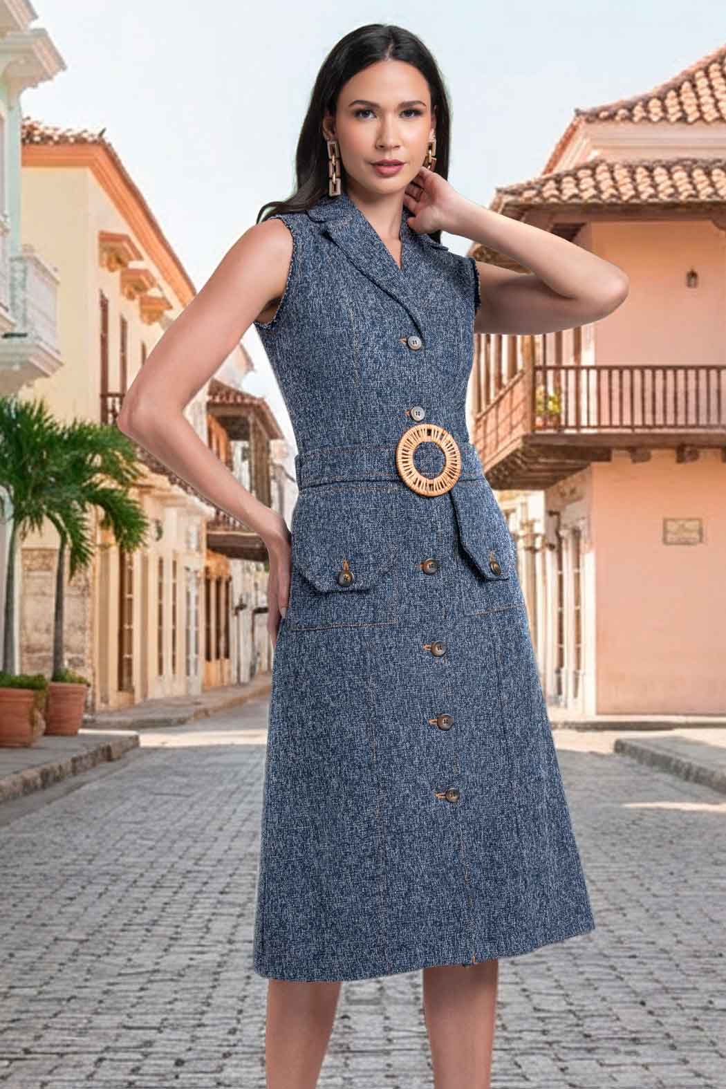 Vestido Midi Con Carteras Y Hebilla En Contraste