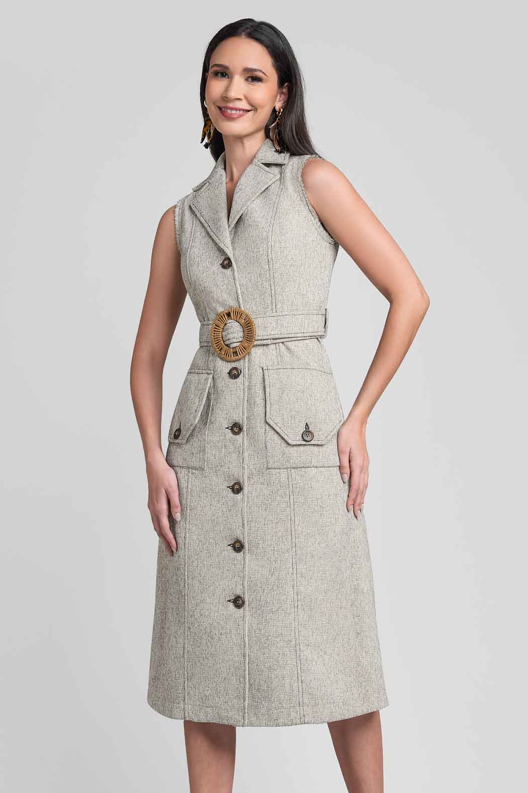 Vestido Midi Con Carteras Y Hebilla En Contraste