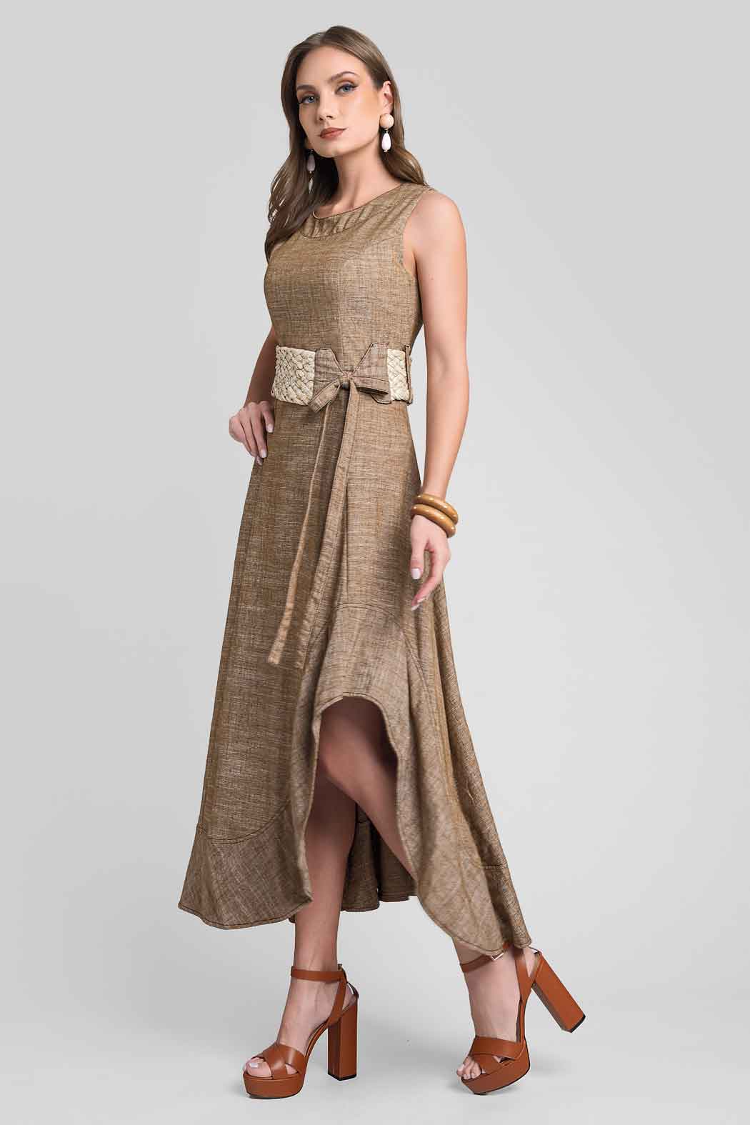 Vestido Asimetrico Con Cinturon De Yute