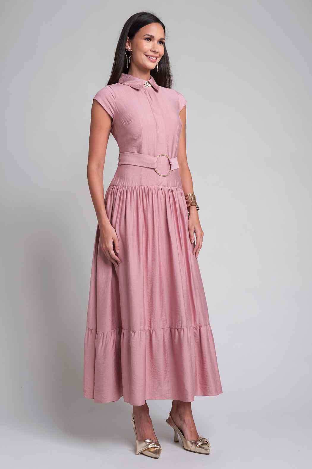 Vestido Camisero Con Manga Corta