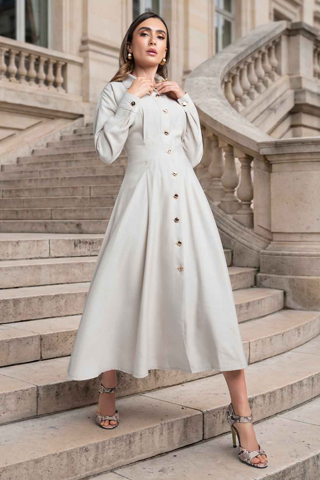Maxi Vestido Camisero Con Manga Larga