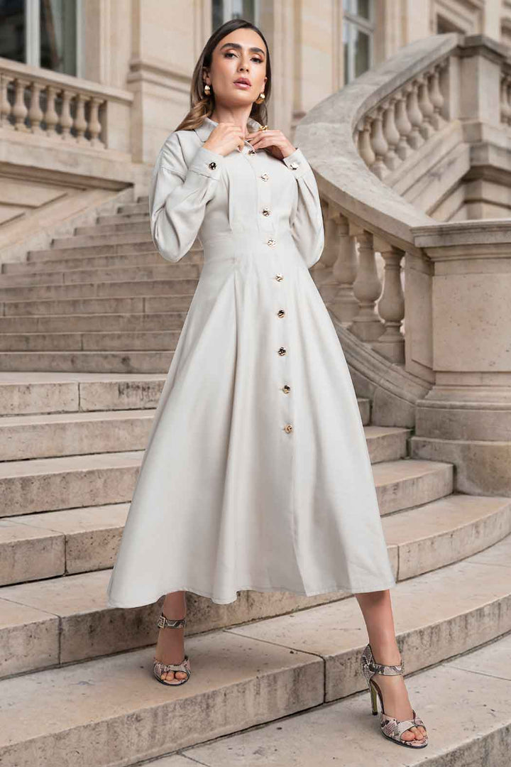 Maxi Vestido Camisero Con Manga Larga