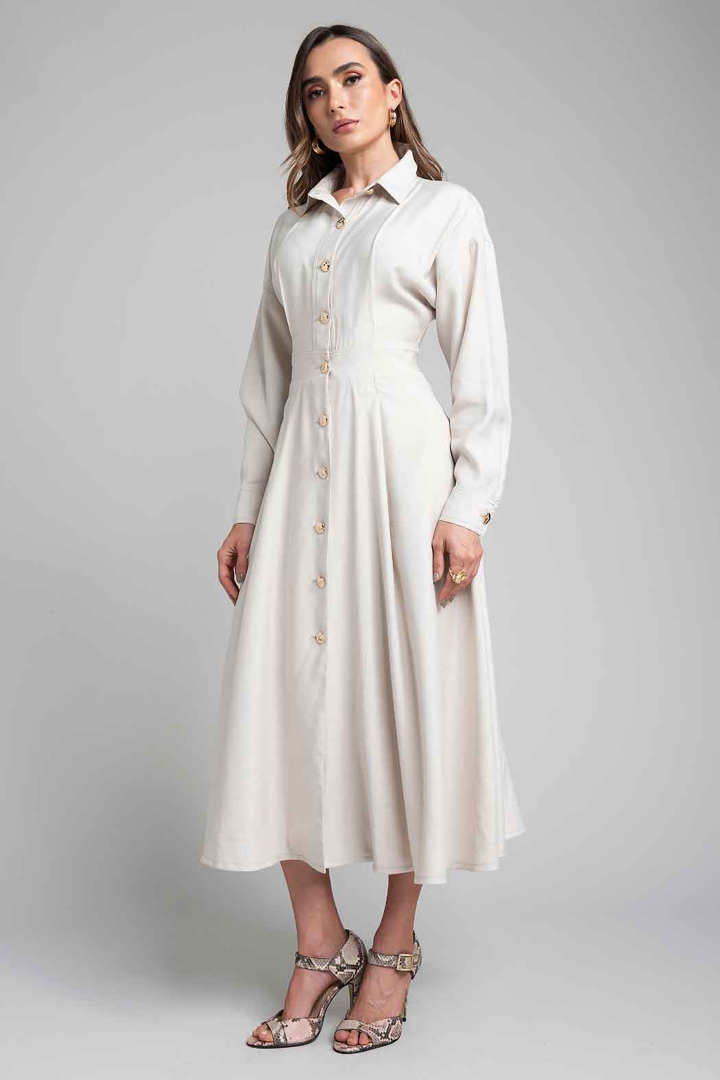Maxi Vestido Camisero Con Manga Larga