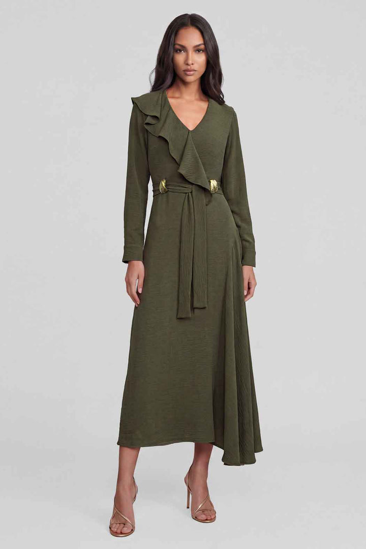 Vestido Midi Cruzado Con Olan En Pecho