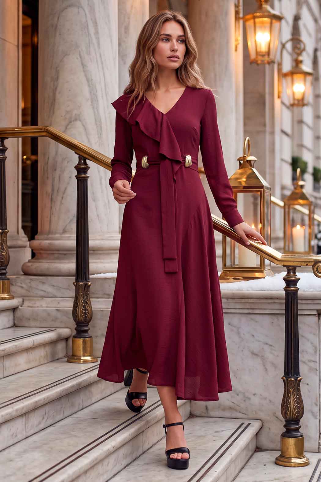 Vestido Midi Cruzado Con Olan En Pecho