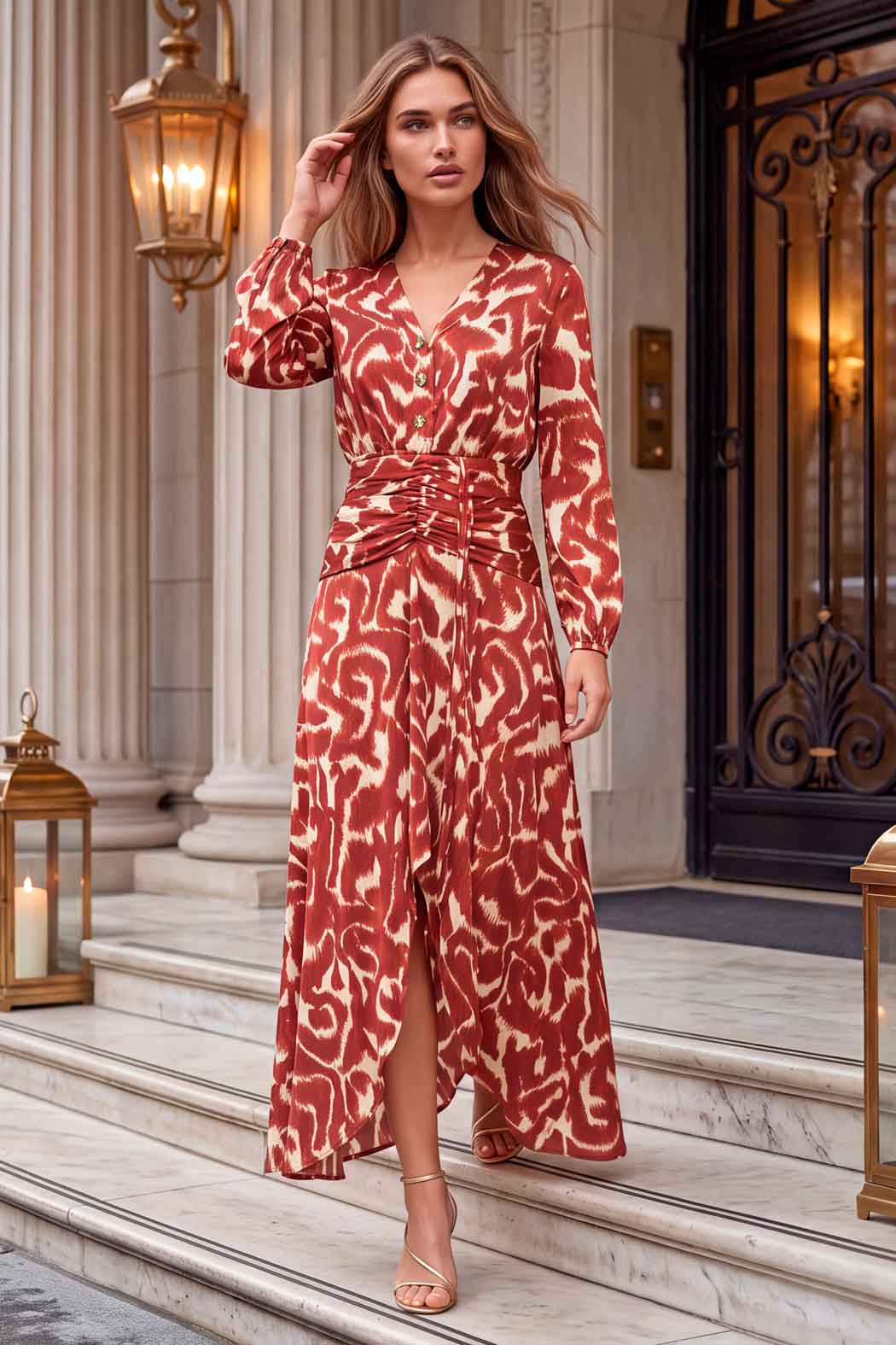Vestido Estampado Con Plisado En Cintura