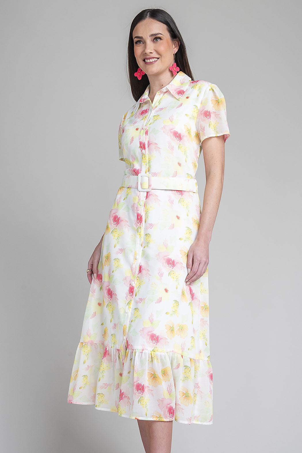 Vestido Largo Camisero De Flores Con Cinturon