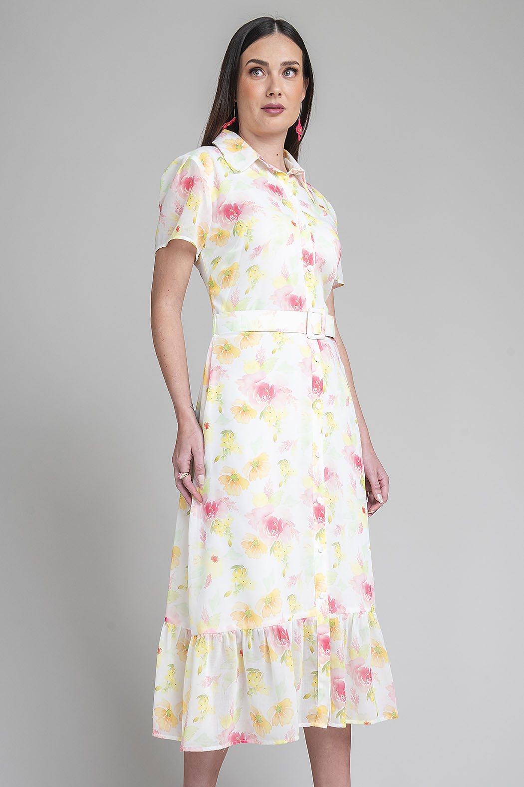 Vestido Largo Camisero De Flores Con Cinturon