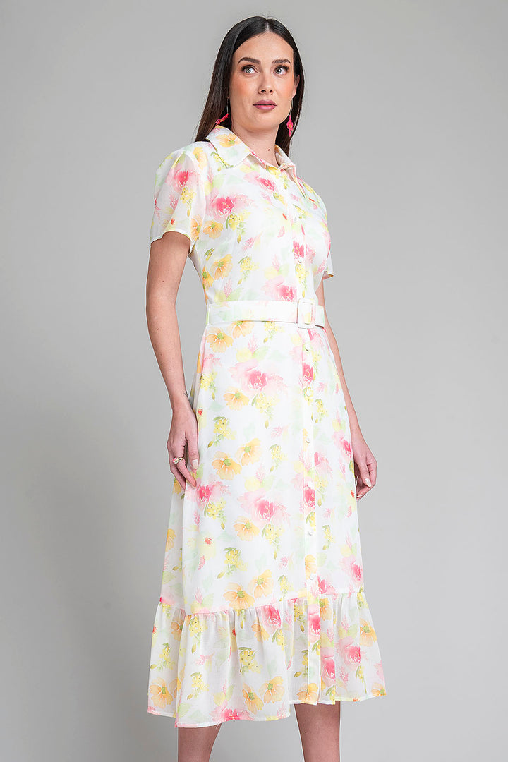 Vestido Largo Camisero De Flores Con Cinturon