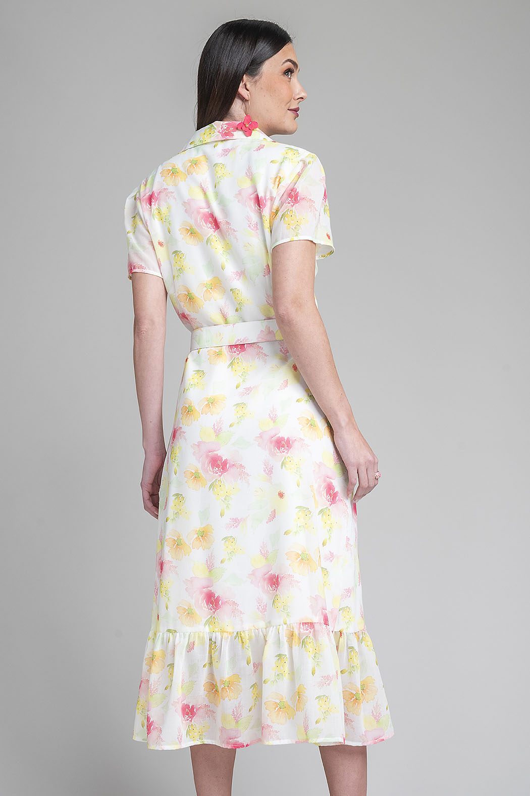 Vestido Largo Camisero De Flores Con Cinturon