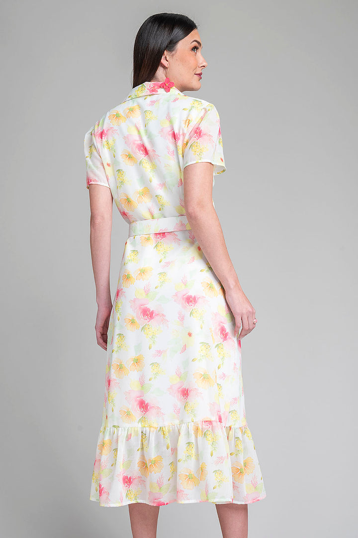 Vestido Largo Camisero De Flores Con Cinturon