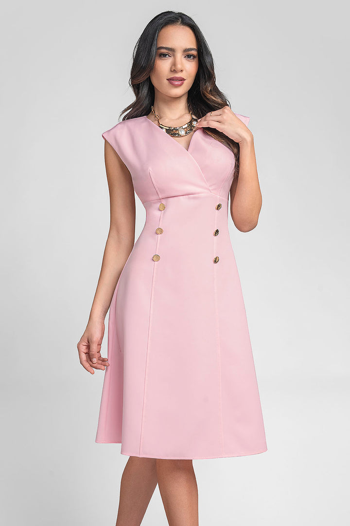 Vestido Liso Con Escote En V Y Botones Al Frente