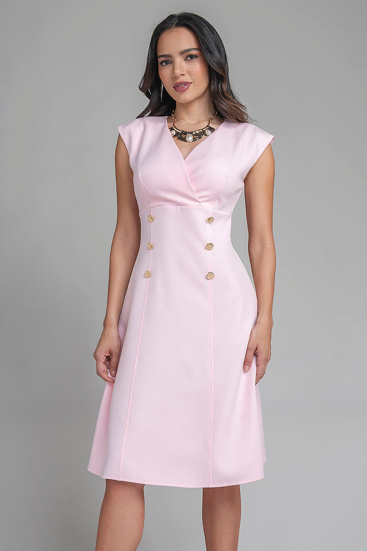 Vestido Liso Con Escote En V Y Botones Al Frente