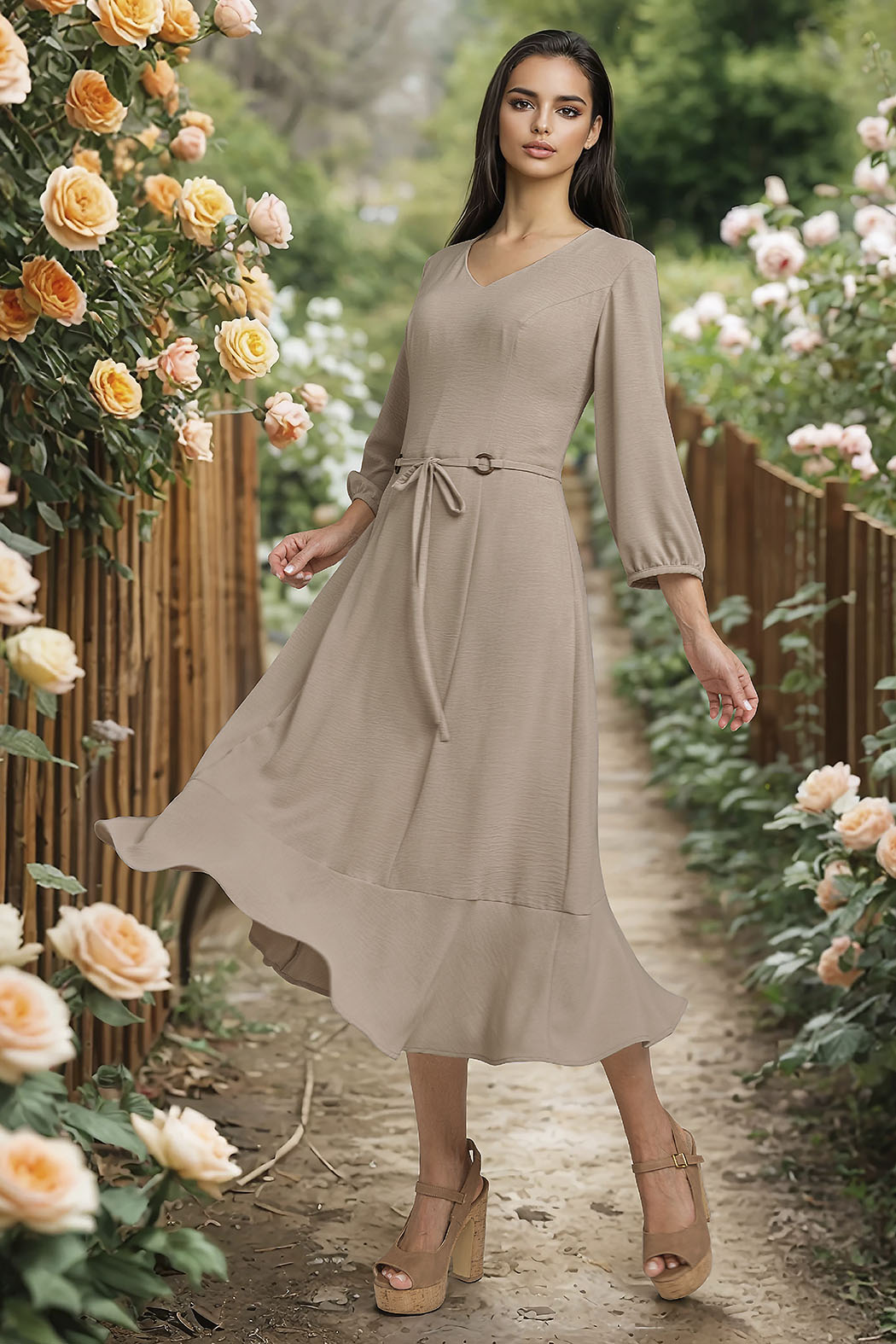 Vestido Largo Liso Con Detalle De Cinturon