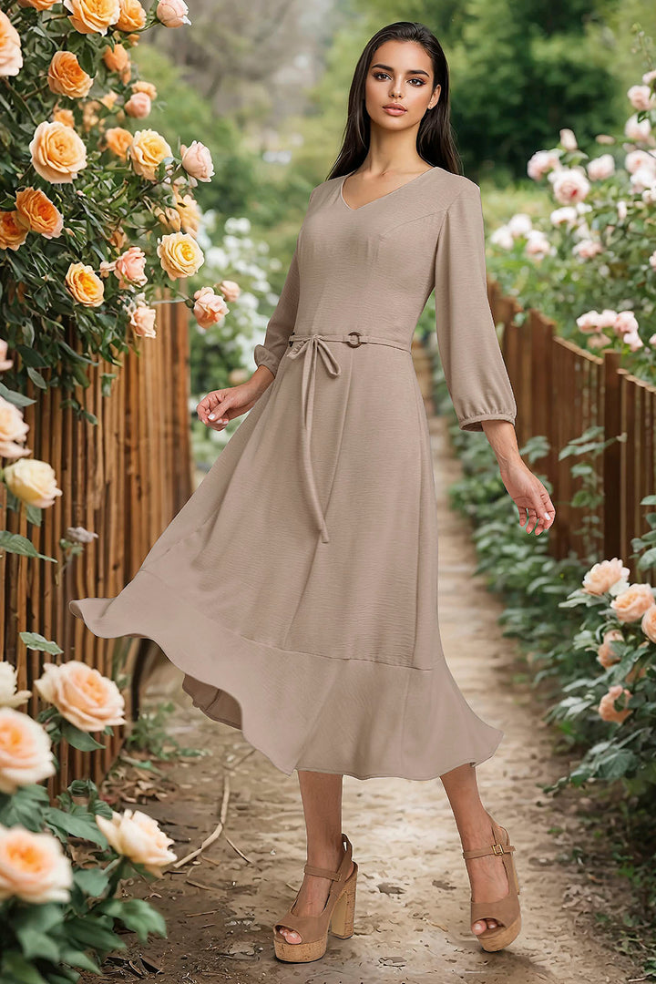 Vestido Largo Liso Con Detalle De Cinturon