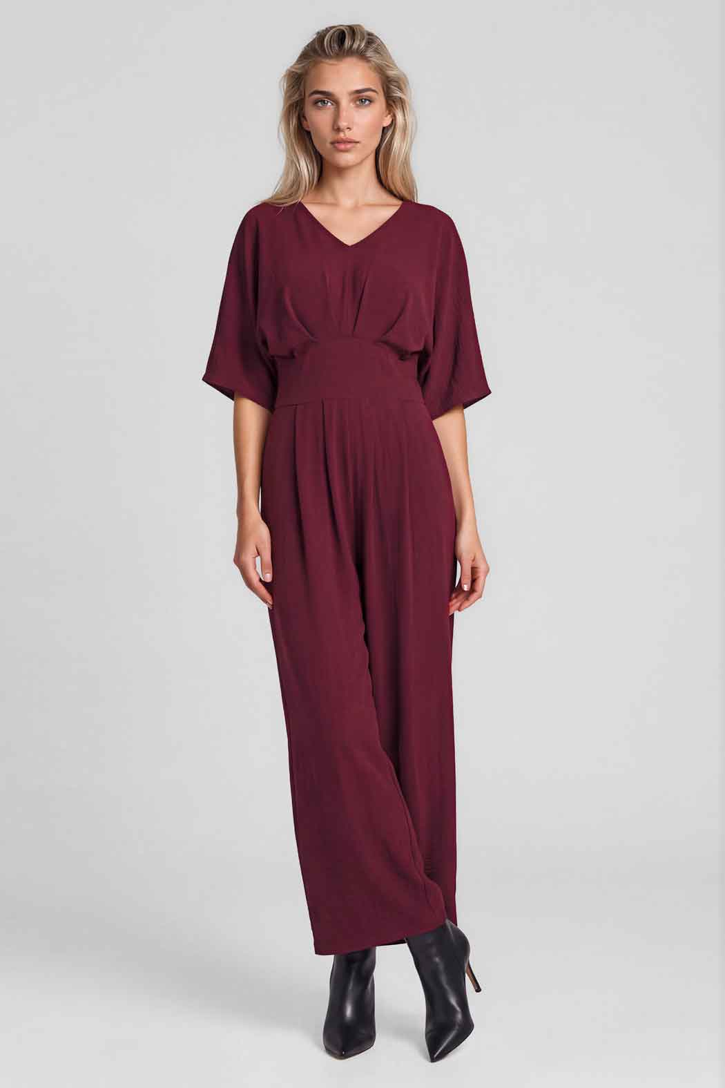 Jumpsuit Liso Con Escote V Y Pierna Ancha
